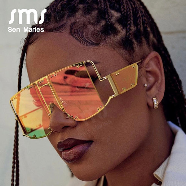 Fashion Square Sunglasses Women New Oversized Mirror Men Shades Glasses Luxury Brand Metal Rivet Trend Unique Female Eyewear