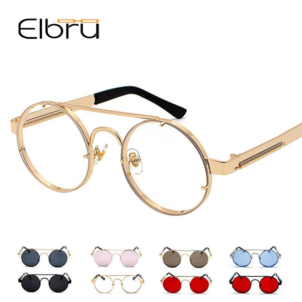 Elbru Clear Red Lens Sunglasses Men Retro Round Vintage 2019 Steampunk Sun Glasses for Women Gold Silver Metal Flat Top UV400