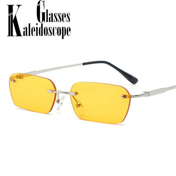 Rectangle Rimless Sunglasses Women Vintage Brand Designer Cat Eye sun Glasses Men Retro Small Yellow Glass UV400